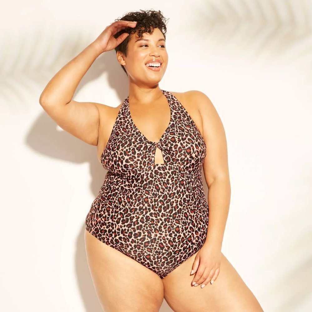 NWT Kona Sol Leopard Animal Halter Top Twist One Piece Swim Suit 24W